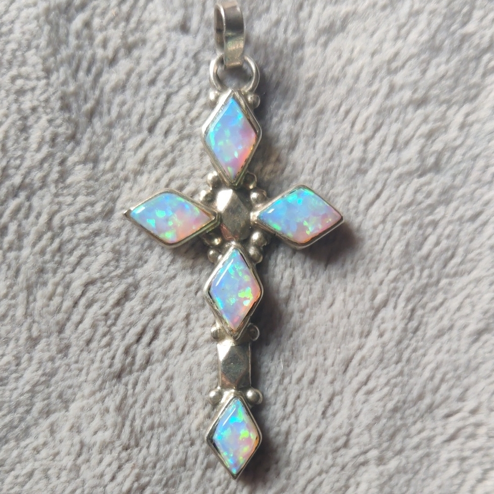 Sterling Silver Opal Cross Pendant - Iridescent White Opal